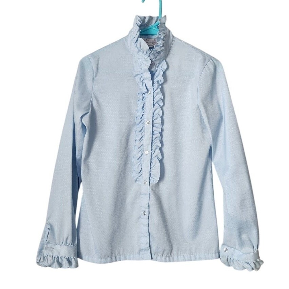 TIME AND PLACE VTG Blue Ruffle Collar Blouse Prairie Cottagecore Soft Romantic 9